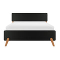 Modern black platform bed frame with rounded headboard and footboard, tapered oak legs and white mattress, minimalist Scandinavian bedroom design