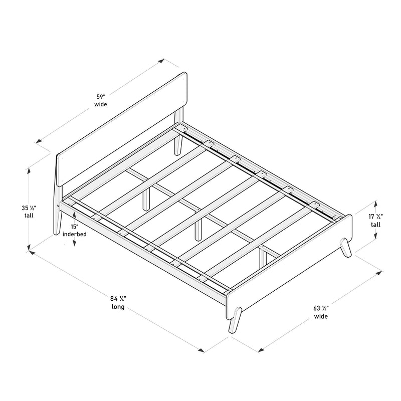 Wooden platform bed frame assembly diagram with headboard and slatted center support, labeled dimensions 84 1/4 in long × 63 1/4 in wide, 59 in headboard width, 35 1/2 in headboard height and 15 in underbed clearance