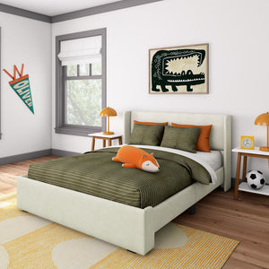 Modern children's bedroom with green striped bedding, orange fox plush and lamps, crocodile wall art and gray-trim window