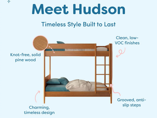 Hudson solid pine bunk bed in natural wood, knot-free construction with clean low‑VOC finish, grooved anti-slip ladder steps and charming timeless design for kids' bedrooms