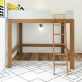 Wooden loft bed with ladder and white guardrail, yellow pillow in a modern Scandinavian kids bedroom with geometric rug