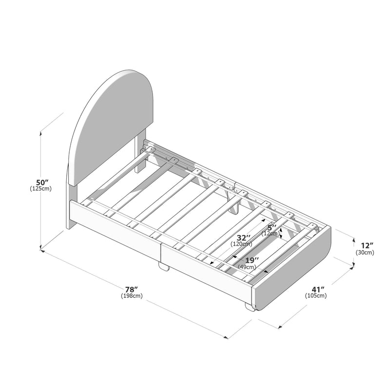 Platform bed frame assembly diagram with curved headboard, wooden slat support and caster feet; dimensions 78" (198 cm) x 41" (105 cm), headboard 50" (125 cm)
