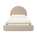 Beige upholstered bed frame with rounded arched headboard and white quilted mattress on a minimalist platform base