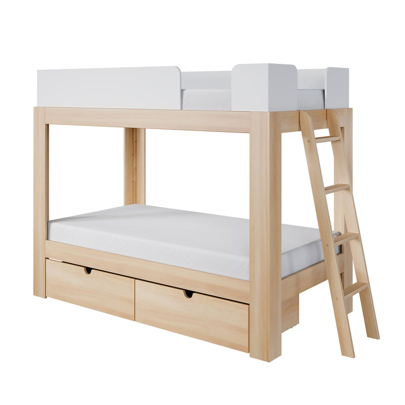 Light natural wood loft bed with white safety rail, angled ladder and under-bed storage drawers
