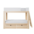 Wooden loft bed with white safety guardrail, built-in ladder and under-bed storage drawers — natural pine kids' bunk bed
