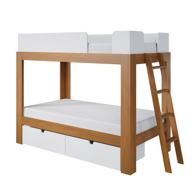 Twin loft bunk bed with natural wood frame, white guardrails, angled ladder and under-bed storage drawers