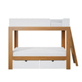 Natural wood loft bed with white guardrail, side ladder and two under-bed storage drawers
