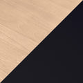 Minimalist diagonal background: light maple wood grain texture meeting a black matte surface, close-up