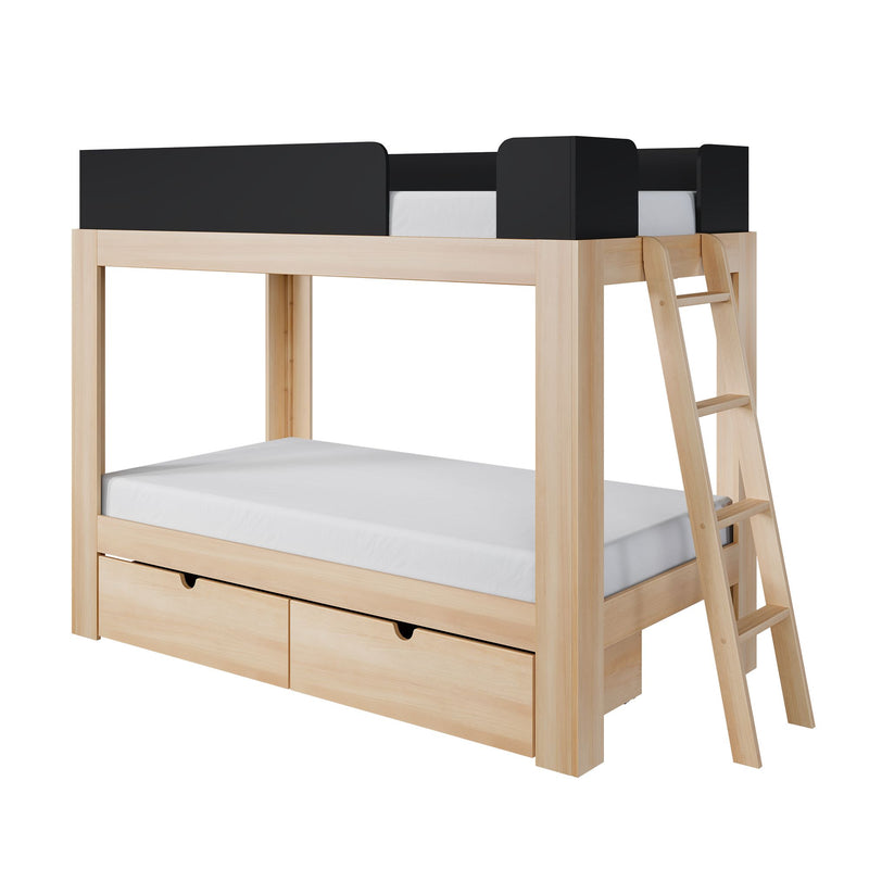 Natural wood twin loft bed with ladder, black safety guardrails and built-in under-bed storage drawers — space-saving kids' bunk bed