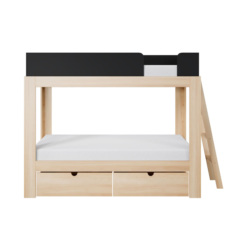 Natural pine loft bed with black safety guardrail, white upper-bunk mattress and two under-bed pull-out storage drawers — modern minimalist wooden kids loft bed