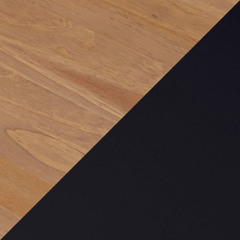 Close-up oak wood tabletop texture with natural grain diagonally meeting a black matte background — ideal for product mockups and desktop design