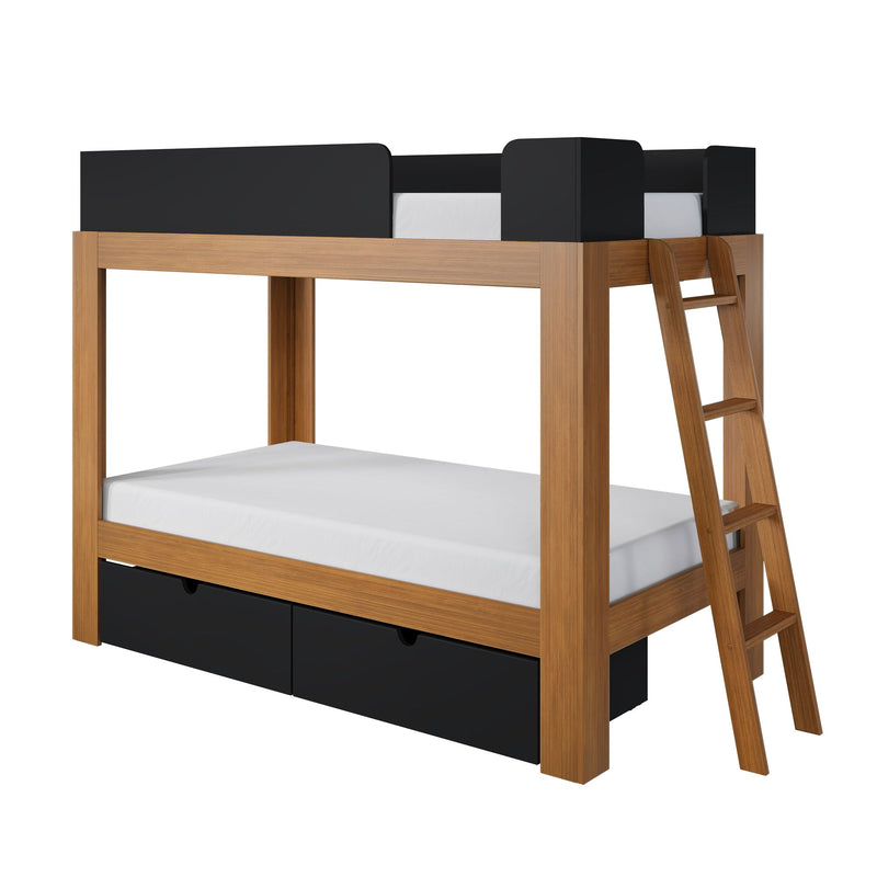 Wood loft bed with ladder, black safety rails and underbed storage drawers in natural finish — space-saving bunk bed