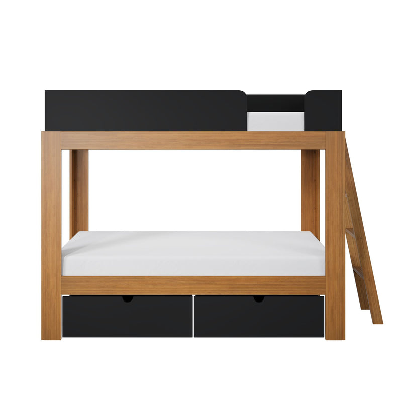 Modern wooden twin loft bunk bed with black safety rails, built-in ladder and under-bed storage drawers