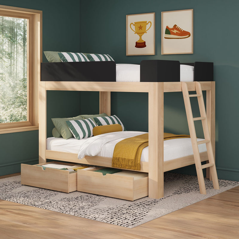 Natural wood loft bunk bed with ladder and under-bed storage in green kids bedroom, striped pillows, mustard throw, forest window view