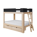 Natural beech wood loft bed with ladder, under-bed storage drawers, black safety rails and white mattress, modern children's bedroom furniture