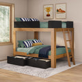 Wooden loft bunk bed with under-bed black storage drawers, green bedding and navy striped pillows in a sunlit kids' bedroom with ladder and framed trophy and sneaker wall art.