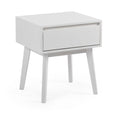 White modern bedside nightstand with single drawer and angled legs, minimalist Scandinavian-style lacquered wood side table for bedroom