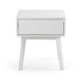 White modern Scandinavian bedside table nightstand with single drawer and angled legs on white background