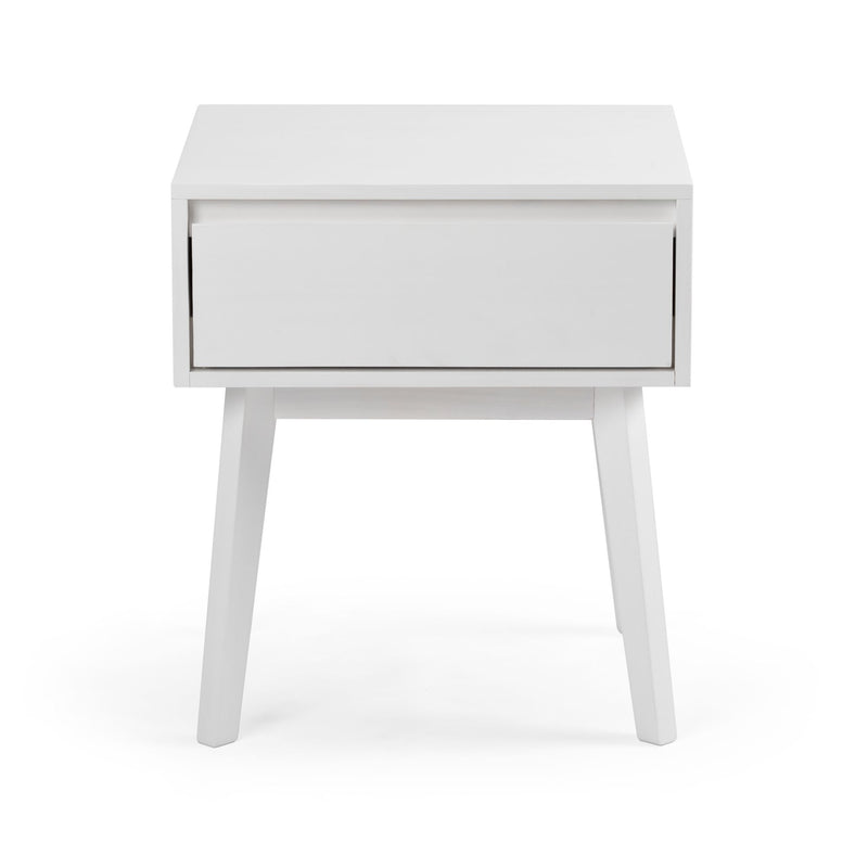 White modern Scandinavian bedside table nightstand with single drawer and angled legs on white background