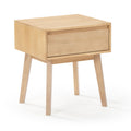 Light maple mid-century modern bedside table nightstand with one drawer and tapered legs, minimalist wooden bedroom furniture
