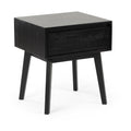 Black mid-century modern wooden bedside table (nightstand) with single drawer and tapered angled legs for bedroom storage