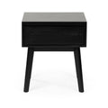 Black wooden bedside nightstand with single drawer and tapered legs, modern minimalist mid-century bedside table