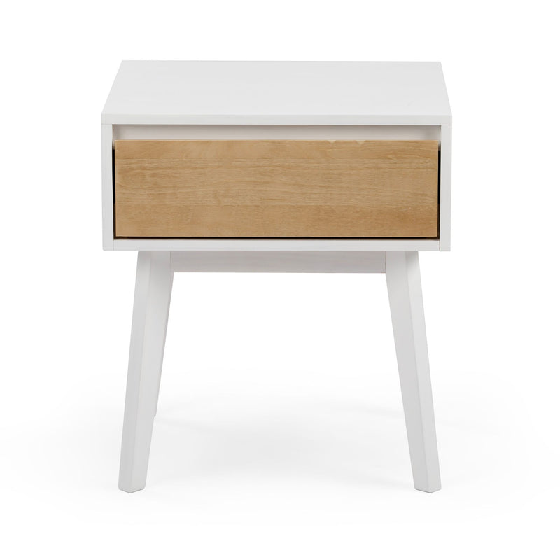 Two-tone white and natural wood nightstand with single drawer and angled tapered legs, modern bedside table