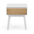 Mid-century modern nightstand: white bedside table with natural wood drawer, tapered legs and single drawer — compact nightstand for bedroom