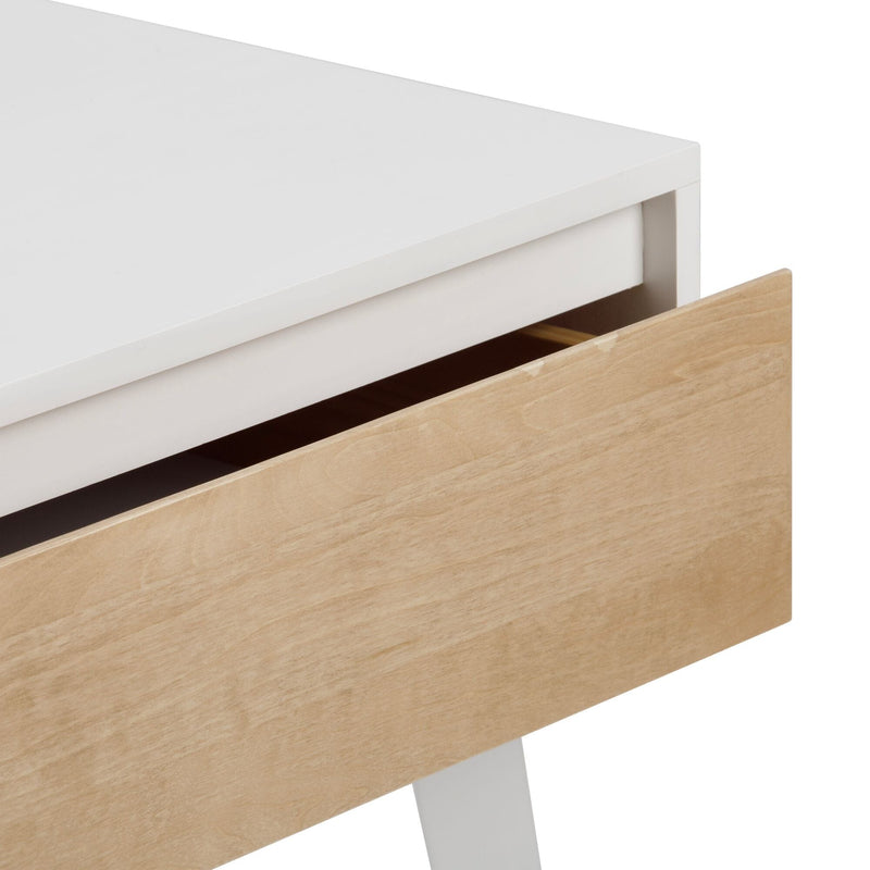 Minimalist white bedside table with a partially open light-wood drawer, Scandinavian modern nightstand design