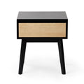 Mid-century modern black and natural wood nightstand with one drawer, tapered legs and minimalist bedside storage