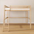 Natural wood loft bed with ladder in minimalist bedroom — space-saving modern twin loft bed, light oak finish