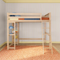 Light wood loft bed with ladder and built-in shelves in a modern kids bedroom with geometric wallpaper, blue lamp and orange rug