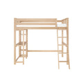 Natural wood twin loft bed with ladder and built-in storage shelves, a space-saving kids' and teens' bedroom solution