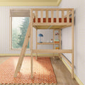 Wooden loft bed with ladder, built-in desk and shelves, blue desk lamp and orange rug in a modern kids' bedroom.
