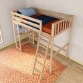 Natural wood kids loft bed with ladder and built-in desk, blue pillow and navy‑rust bedding, orange geometric rug and yellow chevron wallpaper in a children's bedroom