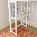 White corner shelving desk with blue lamp, clock, pencils, storage boxes and rainbow toy against chevron wallpaper and orange rug