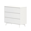 White three-drawer dresser with minimalist design and angled legs, modern chest of drawers for bedroom storage