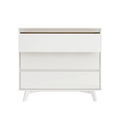 Minimalist white 3-drawer dresser, mid-century modern chest of drawers with angled legs and flat-front drawers for bedroom or nursery storage