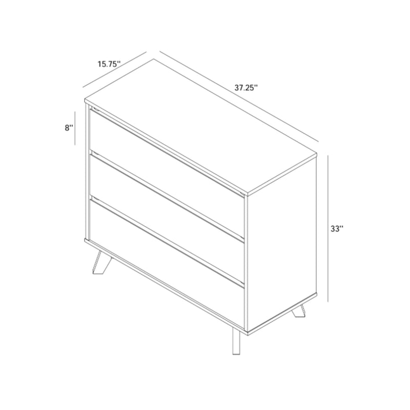 Isometric line drawing of a mid-century modern three-drawer dresser with angled legs, blueprint-style assembly diagram showing dimensions 37.25″ W × 15.75″ D × 33″ H