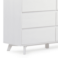 Close-up of modern white wooden dresser chest of drawers with flat drawer fronts and angled mid-century tapered legs on a white background, minimalist bedroom furniture