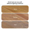 Three hardwood finish samples labeled Warm, Neutral, and Cool showing how wood flooring color and tone change under different lighting conditions