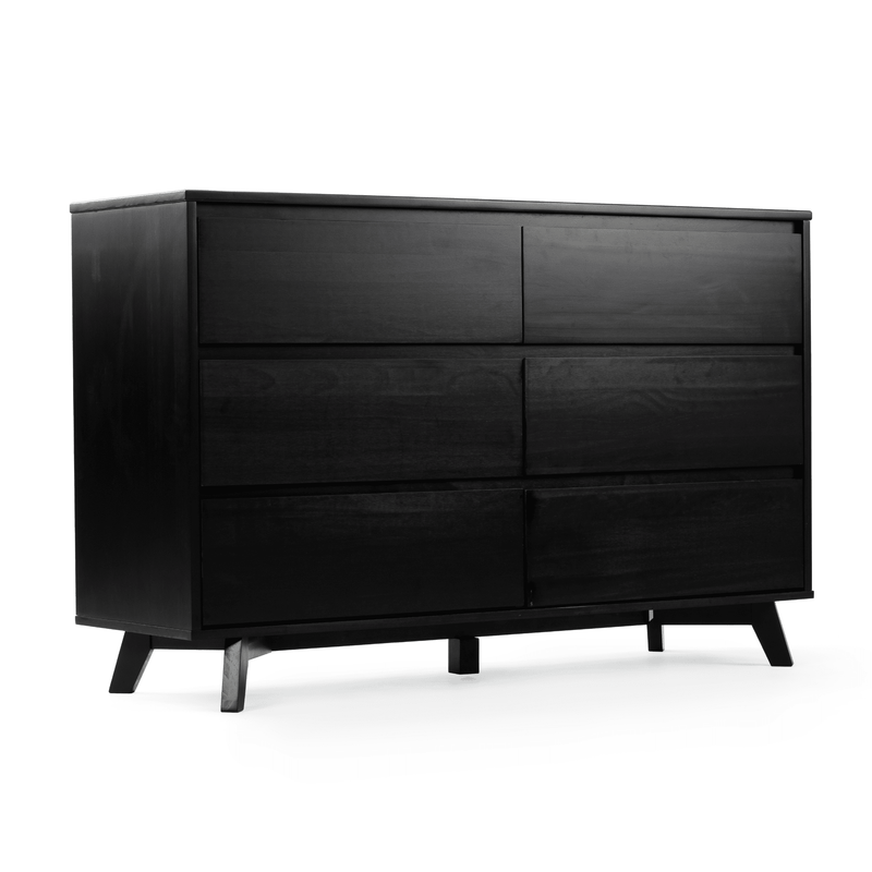 Black six-drawer wooden dresser with mid-century modern angled legs and matte finish, bedroom storage chest on white background