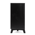 Tall black wooden storage cabinet with mid-century modern angled legs and matte finish on white background