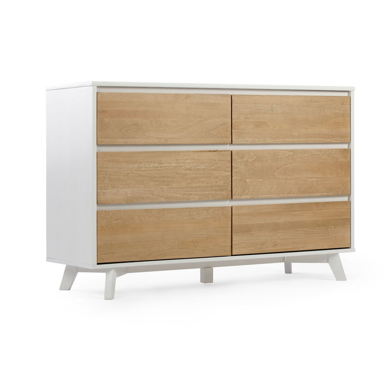 Mid-century modern 6-drawer dresser with white painted frame and natural oak drawer fronts for bedroom storage