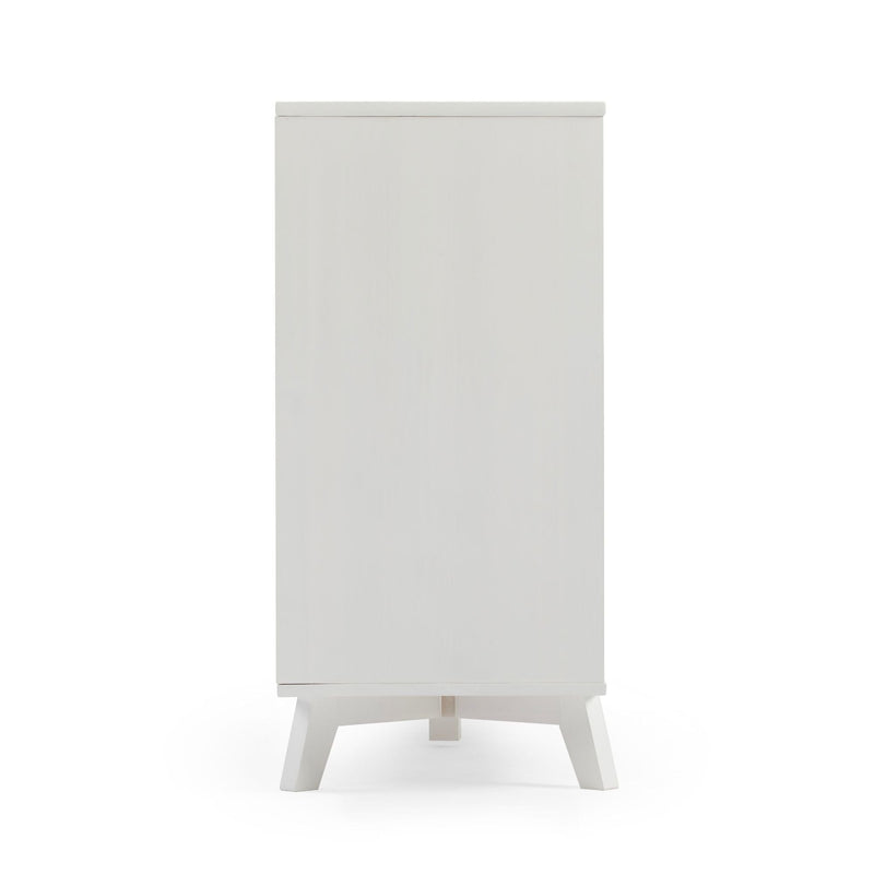 Tall white freestanding wooden storage cabinet with angled mid-century legs, minimalist bedroom or bathroom linen cupboard