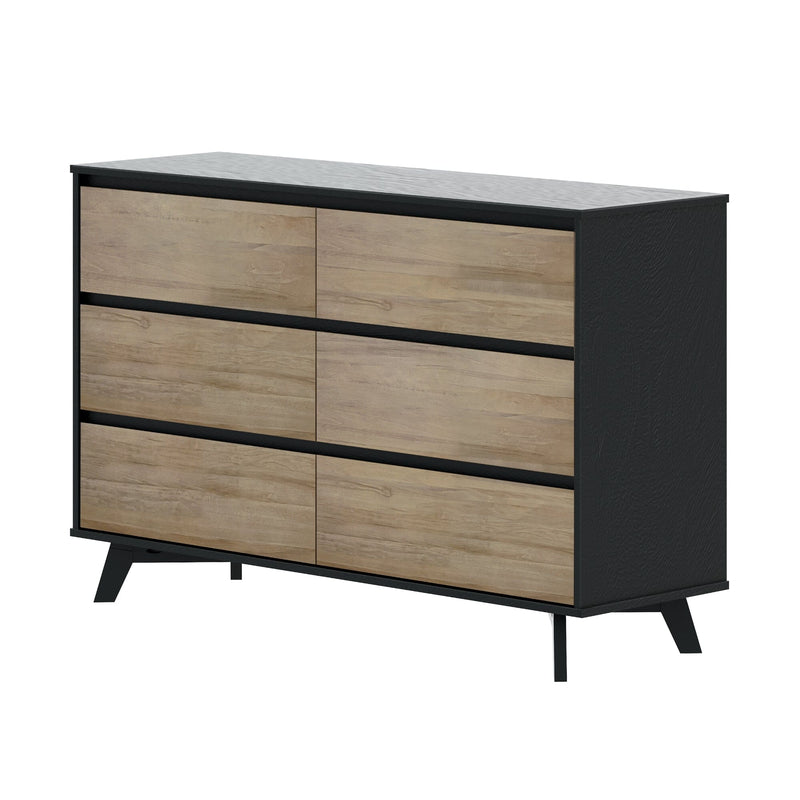 Mid-century modern six-drawer dresser with natural wood veneer fronts, black frame and tapered legs for bedroom storage