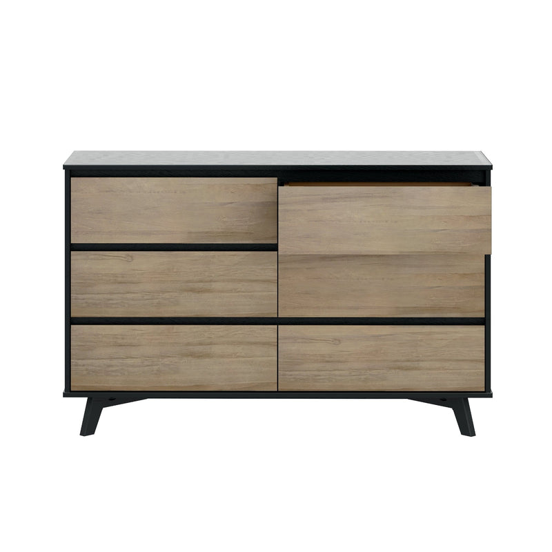 Mid-century modern six-drawer dresser with light oak finish and black metal frame on angled legs, bedroom storage cabinet