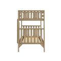 Front view of a natural wood twin-over-twin bunk bed with slatted guardrails, solid wood frame, and wooden slat mattress support
