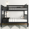 Black twin-over-full bunk bed with ladder, white bedding and patterned pillows in a minimalist bedroom with wall sconces