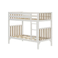 White wooden twin-over-twin bunk bed frame with natural wood slats and ladder, modern kids loft bed